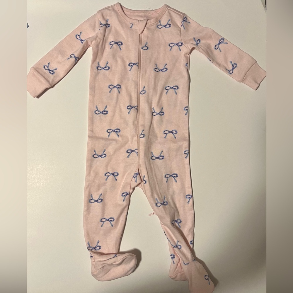 Place Pink Footie with Blue Bow Pattern